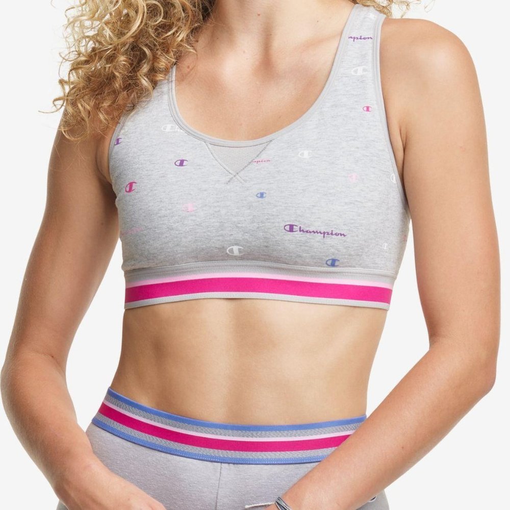Champion Grey Racerback Logo Moderate Support Sports Bra Women's Medium EUC